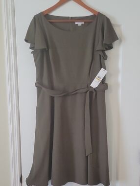 NWT Calvin Klein Olive Green Flutter Sleeve Belted A-Line Dress
